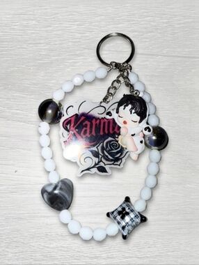White Beaded Keychain Charm  LOL with Angel and Black Accent Beads